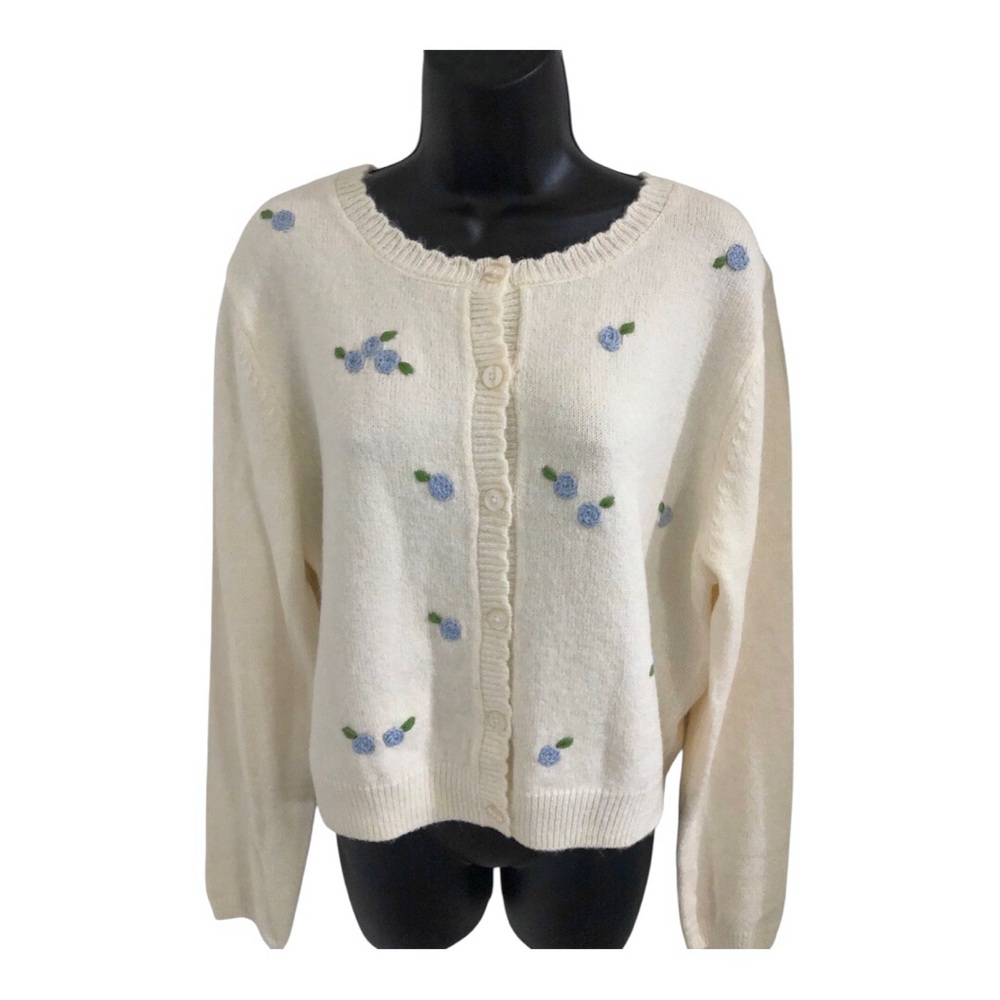 Jessica simpson cream blue‎ flower embroidered scalloped collar cardigan size XL